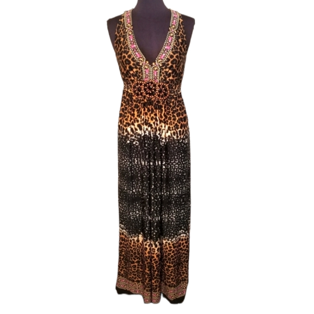 ECI Leopard Print V-Neck Maxi Dress with Beaded Trim